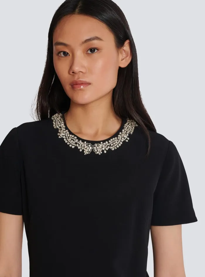 Embroidered Crepe Shift Dress Black Women Balmain Dresses