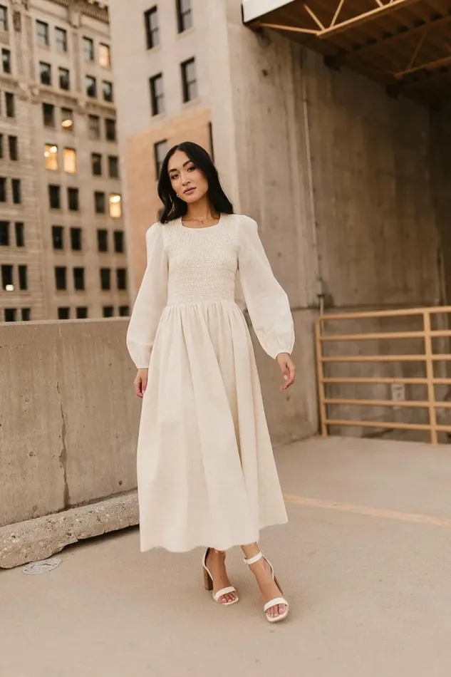 Eyelet Lace Smocked Dress In Cream Cream Women Bohme Dresses