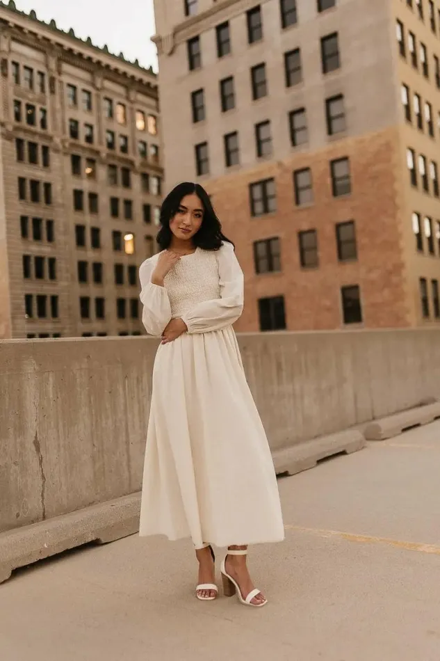 Eyelet Lace Smocked Dress In Cream Cream Women Bohme Dresses