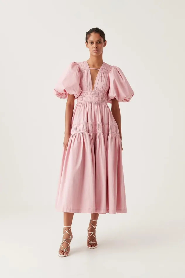 Fallingwater Ruched Midi Dress Chalk Pink Women Aje Pink Dresses