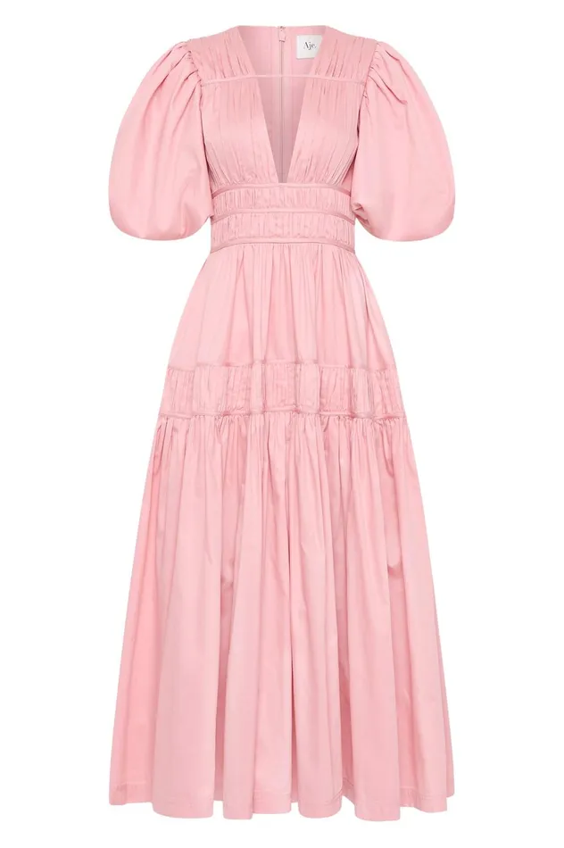 Fallingwater Ruched Midi Dress Chalk Pink Women Aje Pink Dresses