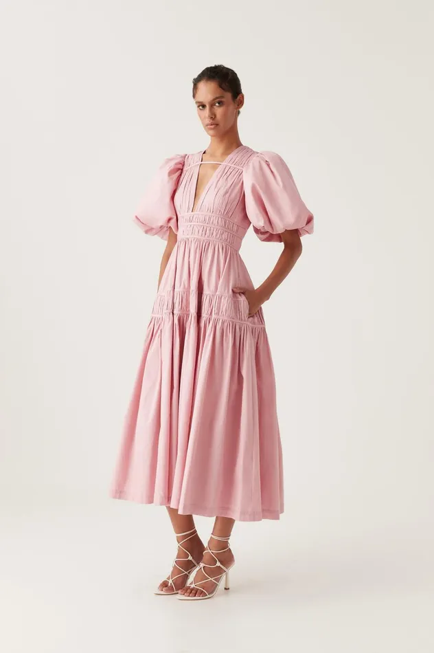 Fallingwater Ruched Midi Dress Chalk Pink Women Aje Pink Dresses