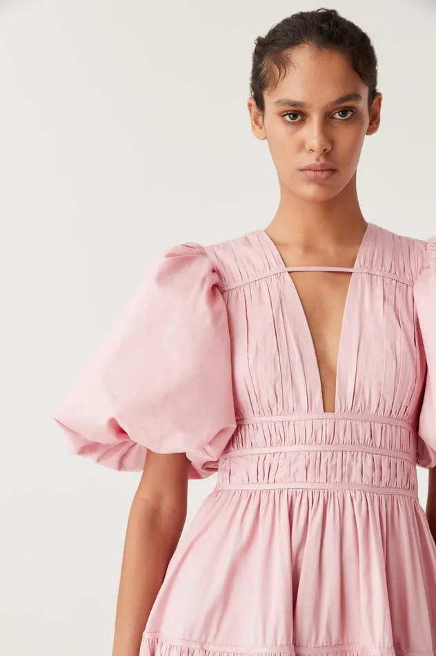 Fallingwater Ruched Midi Dress Chalk Pink Women Aje Pink Dresses