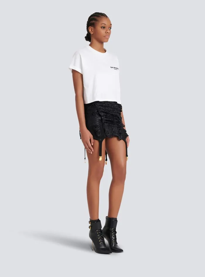 Flocked Paris Cropped TShirt White Women Balmain TShirts