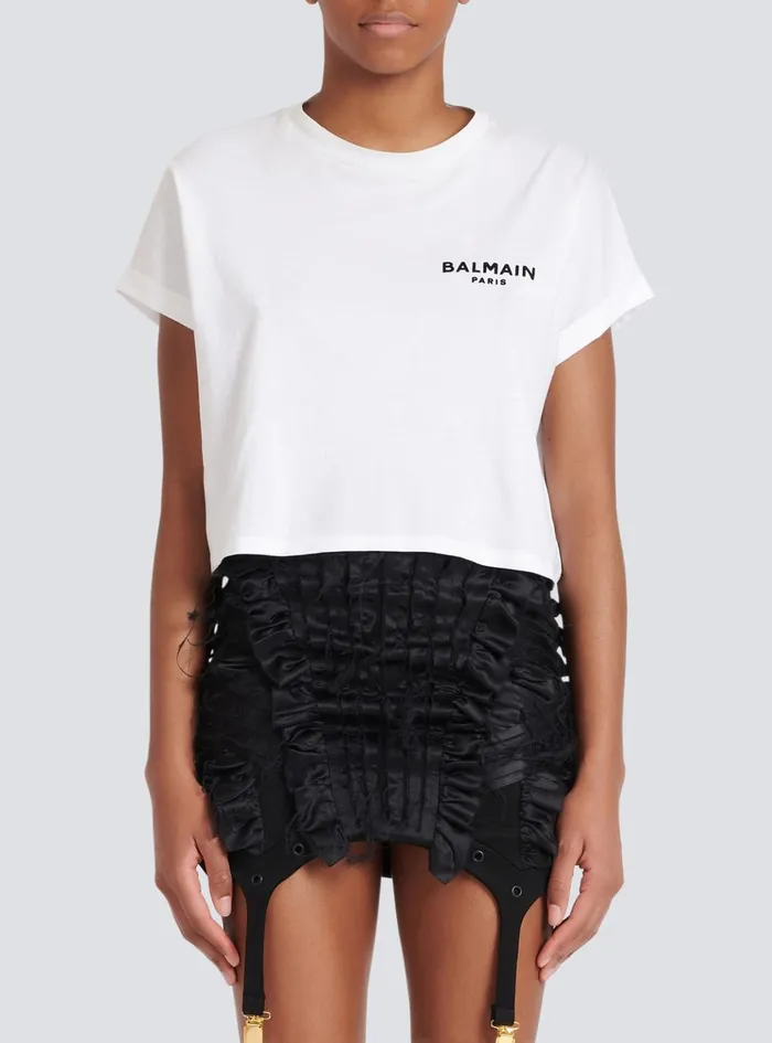 Flocked Paris Cropped TShirt White Women Balmain TShirts