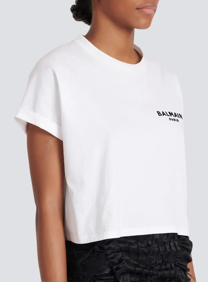 Flocked Paris Cropped TShirt White Women Balmain TShirts