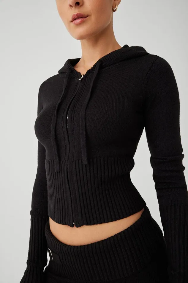 Frankies Bikinis Cloud Knits Women Aimee Cloud Knit Zip Up Hoodie Black