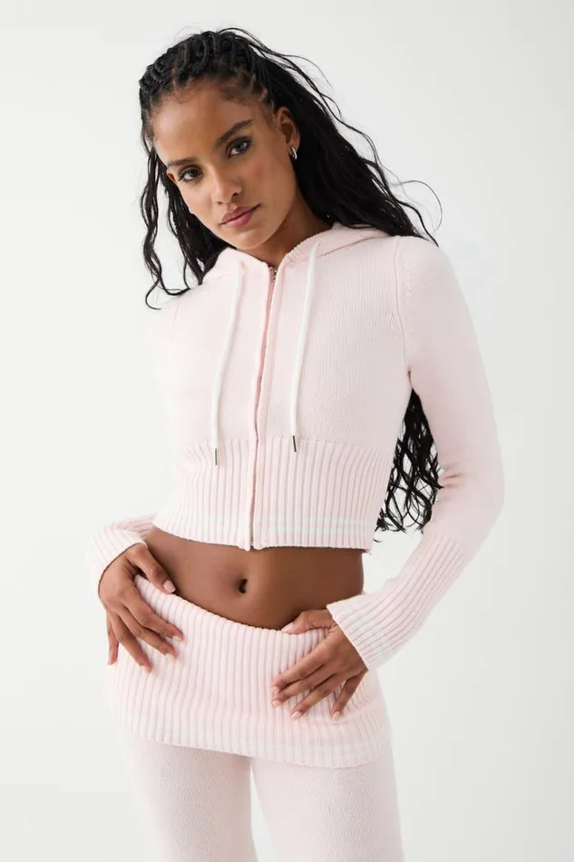 Frankies Bikinis Cloud Knits Women Aimee Cloud Knit Zip Up Hoodie Rosebud Pink