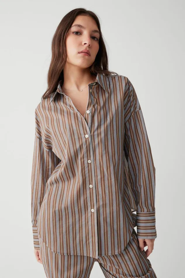 Frankies Bikinis Matching Sets Women Griffin Striped Button Up Shirt Ocean Stone