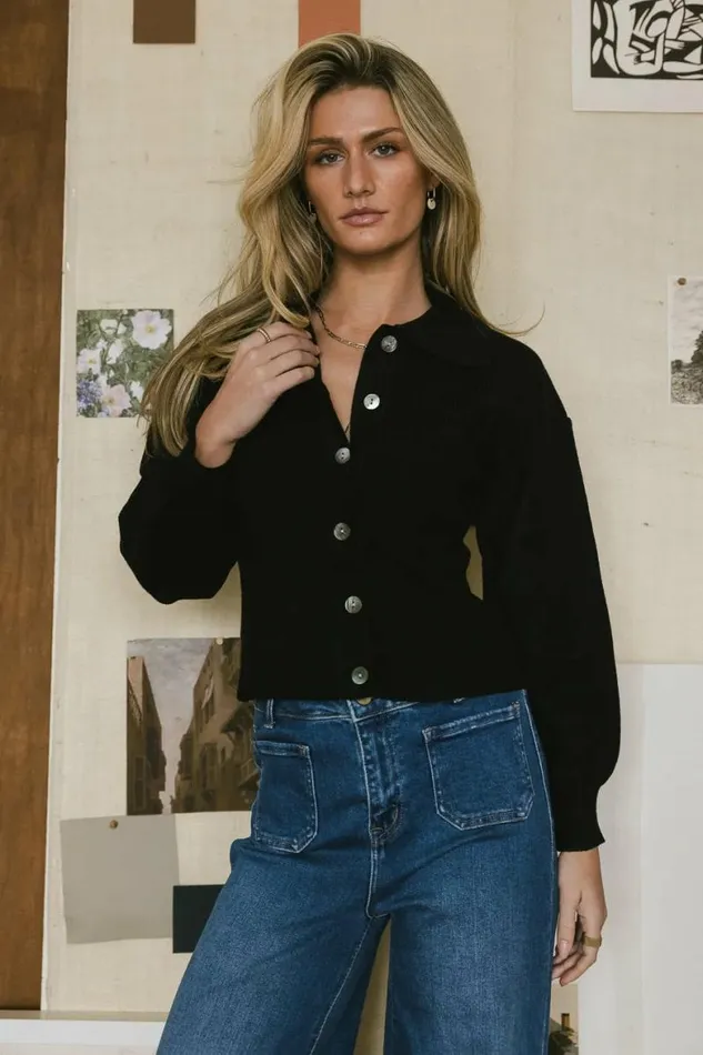 Gianna Ribbed Cardigan In Black Black Women Bohme Tops