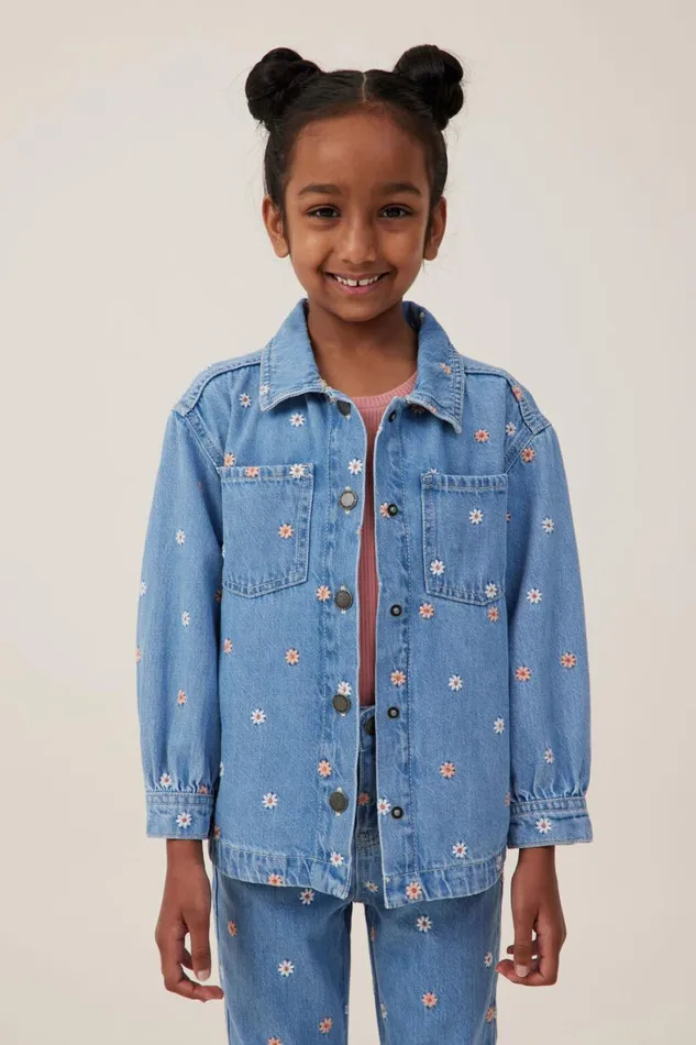 Girls 214 Jackets and Sweaters Cotton On Sophie Denim Shacket Faded Vintage Washfloral Embroidery