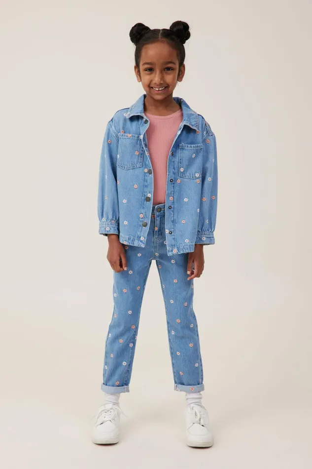Girls 214 Jackets and Sweaters Cotton On Sophie Denim Shacket Faded Vintage Washfloral Embroidery