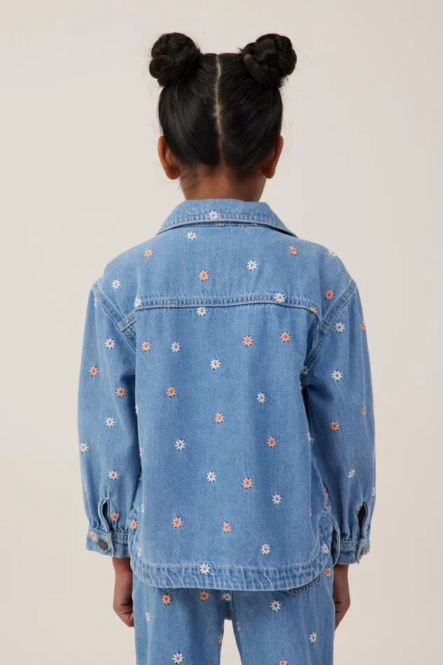 Girls 214 Jackets and Sweaters Cotton On Sophie Denim Shacket Faded Vintage Washfloral Embroidery