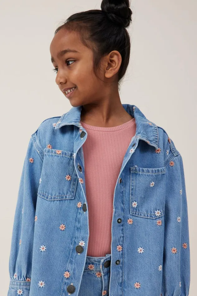 Girls 214 Jackets and Sweaters Cotton On Sophie Denim Shacket Faded Vintage Washfloral Embroidery