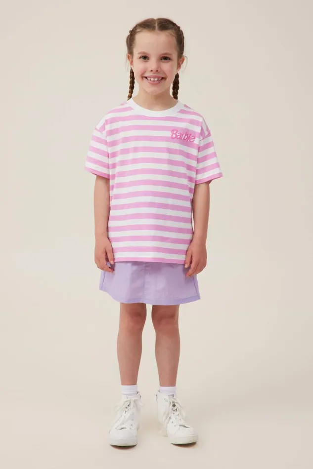 Girls 214 Tops and TShirts Cotton On License Drop Shoulder Short Sleeve Tee Lcn Mat Barbie Logopink Gerbera Stripe