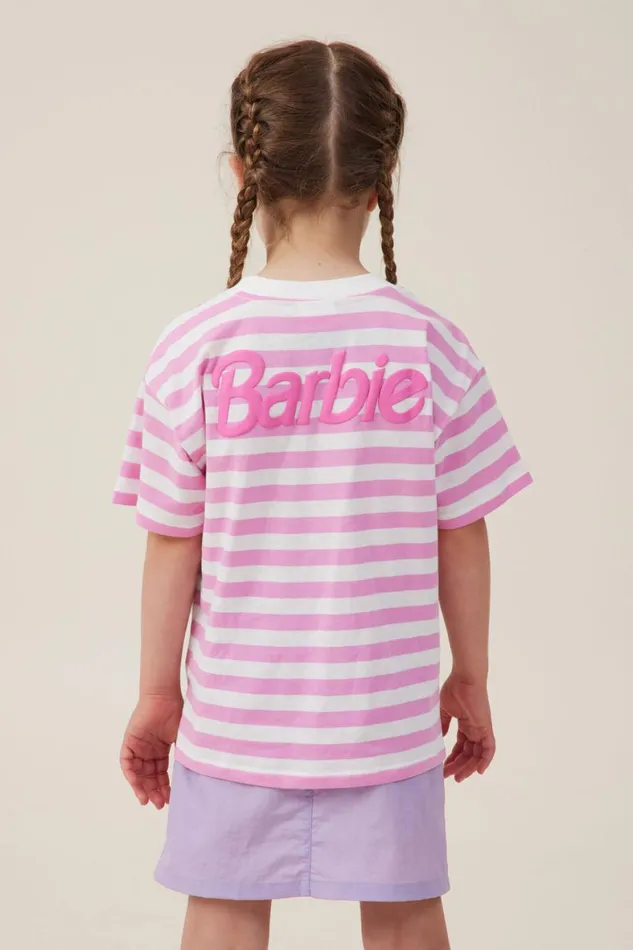 Girls 214 Tops and TShirts Cotton On License Drop Shoulder Short Sleeve Tee Lcn Mat Barbie Logopink Gerbera Stripe