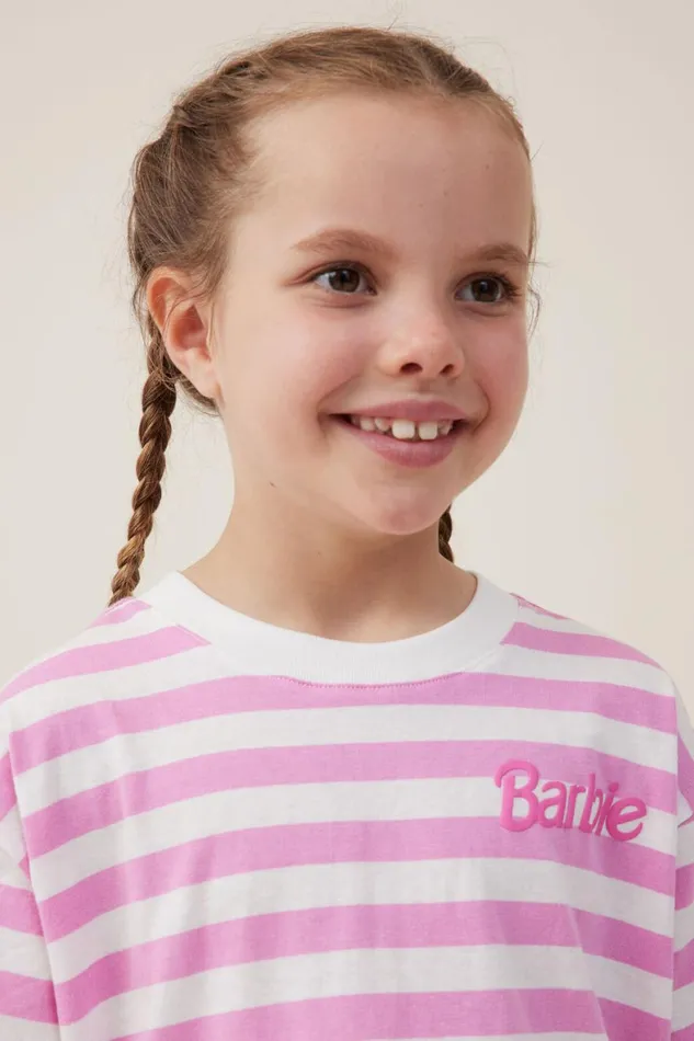 Girls 214 Tops and TShirts Cotton On License Drop Shoulder Short Sleeve Tee Lcn Mat Barbie Logopink Gerbera Stripe