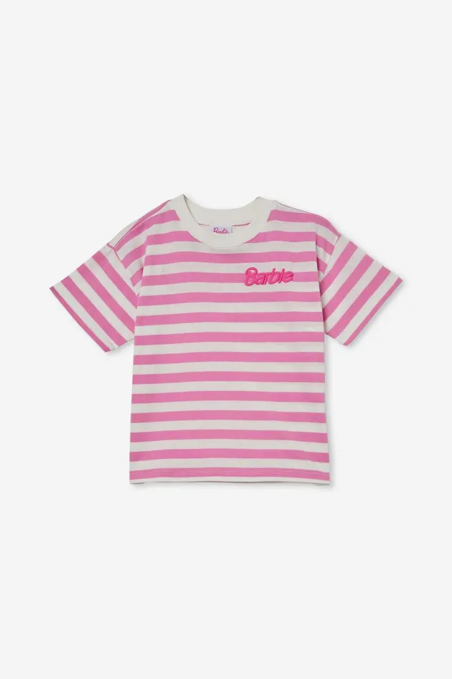 Girls 214 Tops and TShirts Cotton On License Drop Shoulder Short Sleeve Tee Lcn Mat Barbie Logopink Gerbera Stripe