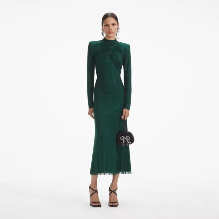 Green Rhinestone Mesh Midi Dress Women Self Portrait Dresses