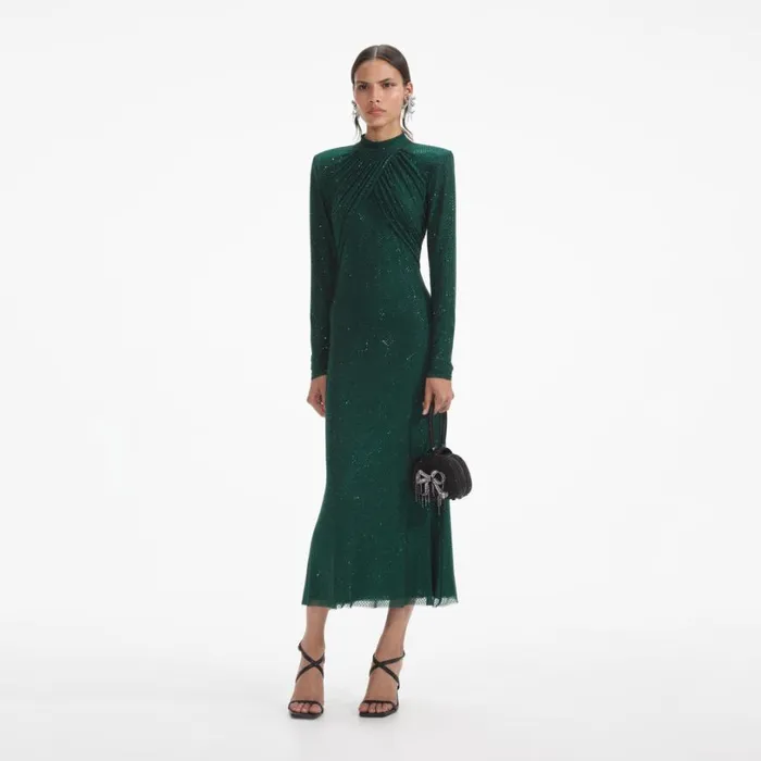Green Rhinestone Mesh Midi Dress Women Self Portrait Dresses