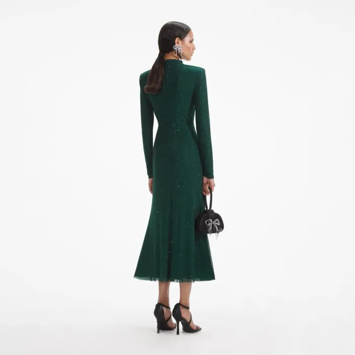Green Rhinestone Mesh Midi Dress Women Self Portrait Dresses