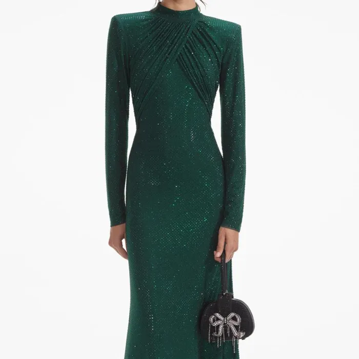 Green Rhinestone Mesh Midi Dress Women Self Portrait Dresses