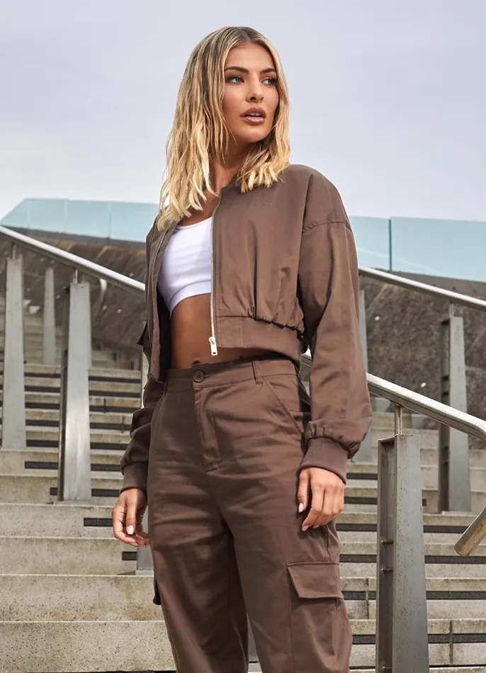 Gym King CoOrds Women Cropped Woven Bomber 8211 Chocolate