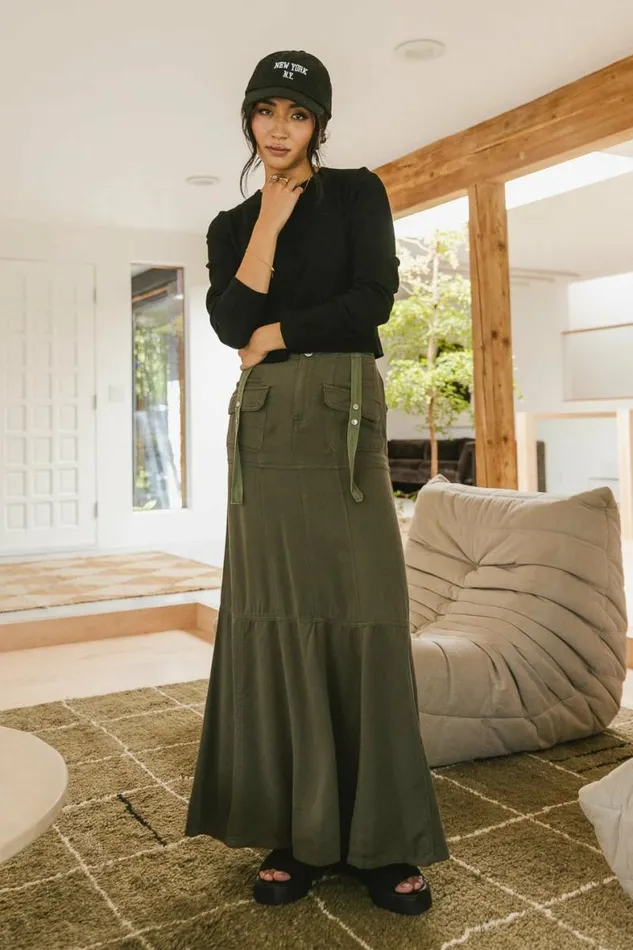 Hadlee Utility Maxi Skirt In Olive Olive Women Bohme Skirts