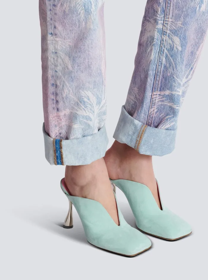 Heeled Eden Mules In Suede Leather Blue Women Balmain High Heels and Pumps