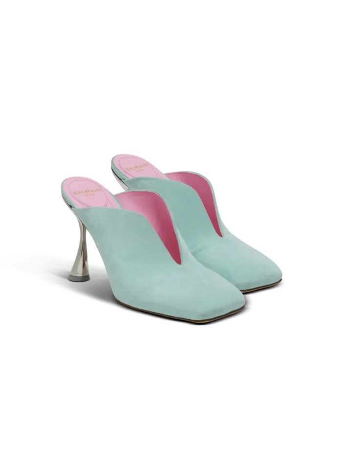 Heeled Eden Mules In Suede Leather Blue Women Balmain High Heels and Pumps