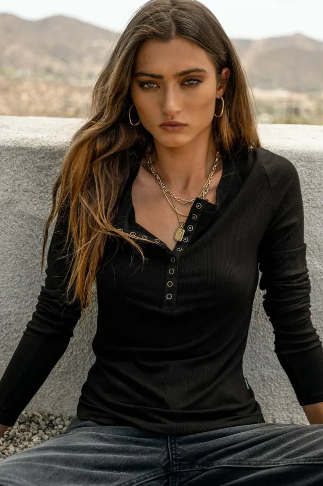 Ivanna Henley Top In Black Black Women Bohme Tees and Tanks