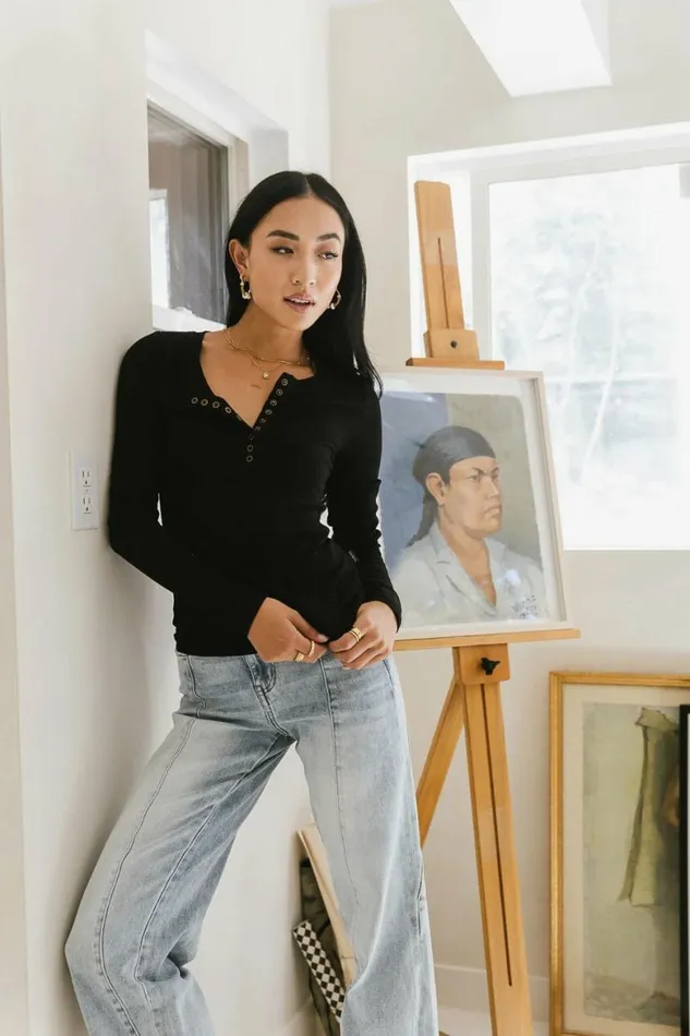 Ivanna Henley Top In Black Black Women Bohme Tees and Tanks