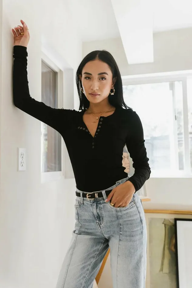 Ivanna Henley Top In Black Black Women Bohme Tees and Tanks