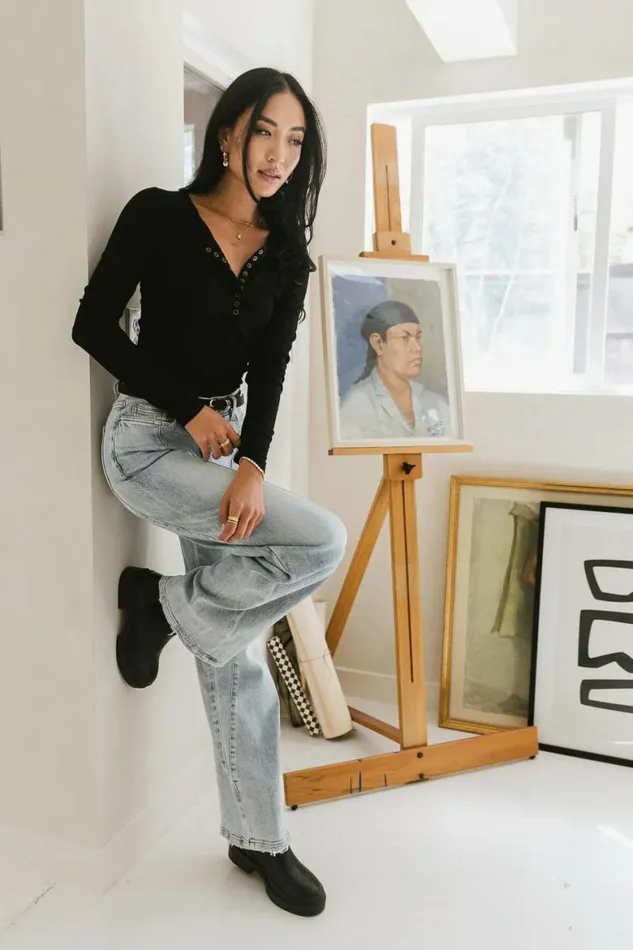 Ivanna Henley Top In Black Black Women Bohme Tees and Tanks