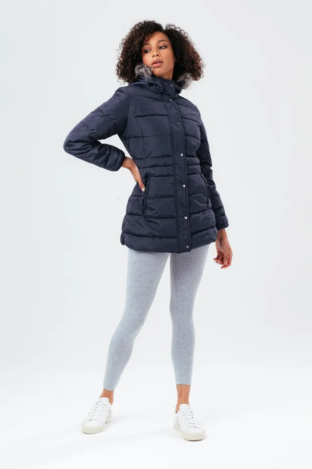 Just Hype Coats and Jackets Hype Navy Mid Length Women039S Padded Coat With Fur