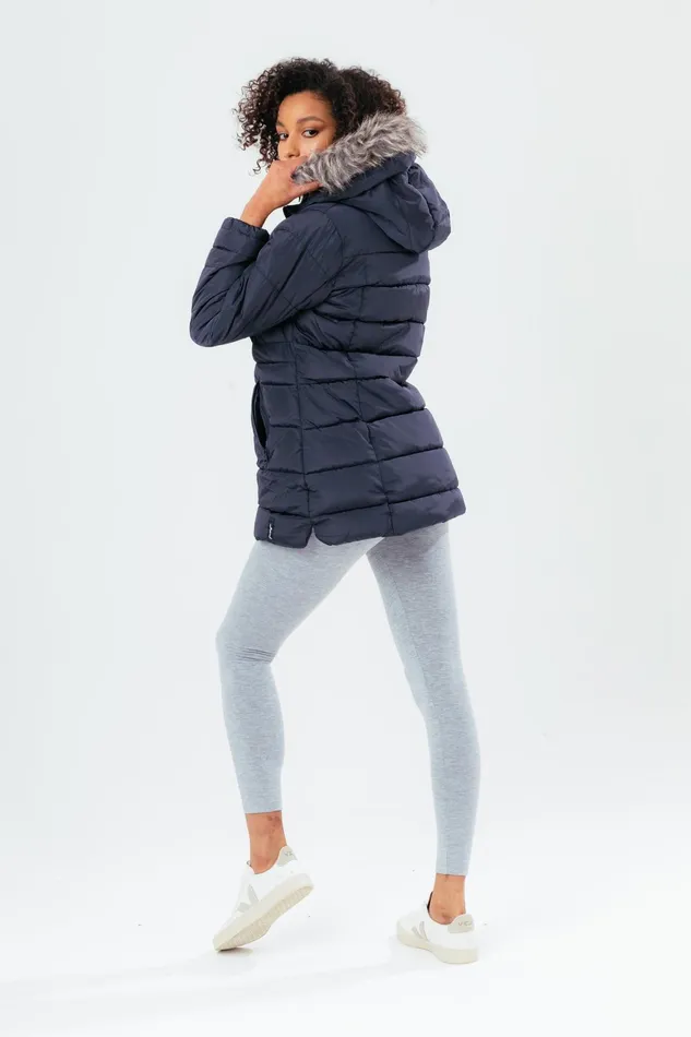 Just Hype Coats and Jackets Hype Navy Mid Length Women039S Padded Coat With Fur
