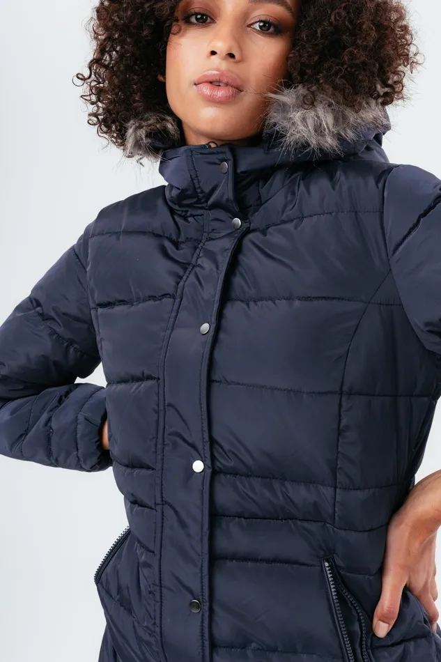 Just Hype Coats and Jackets Hype Navy Mid Length Women039S Padded Coat With Fur