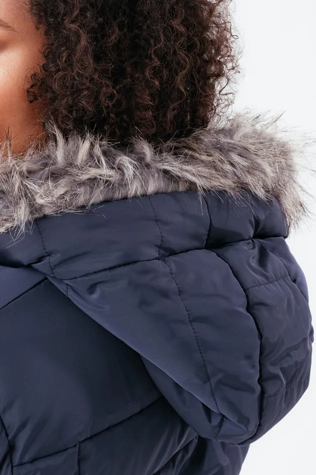 Just Hype Coats and Jackets Hype Navy Mid Length Women039S Padded Coat With Fur