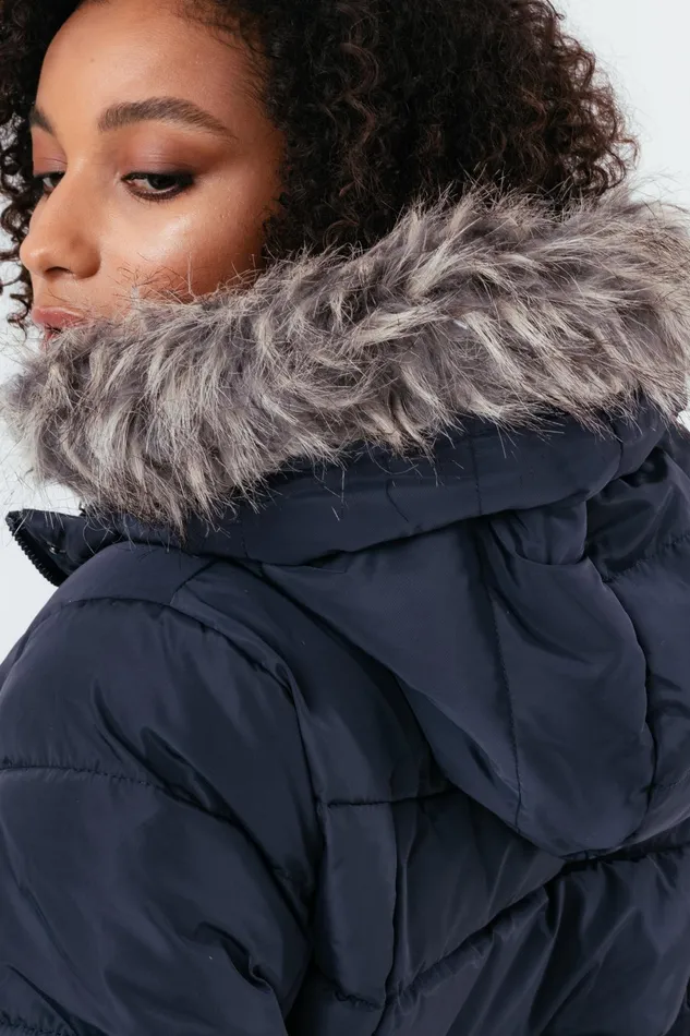 Just Hype Coats and Jackets Hype Navy Mid Length Women039S Padded Coat With Fur