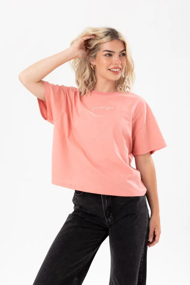 Just Hype Tops and TShirts Hype Womens Blush Scribble Embroidery Boxy TShirt