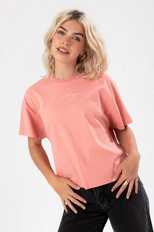 Just Hype Tops and TShirts Hype Womens Blush Scribble Embroidery Boxy TShirt