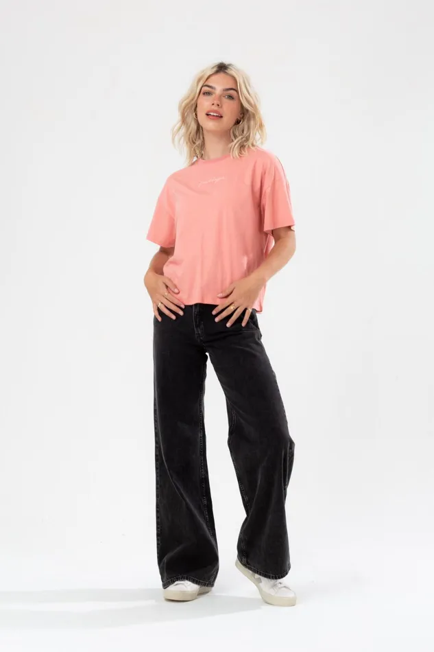 Just Hype Tops and TShirts Hype Womens Blush Scribble Embroidery Boxy TShirt