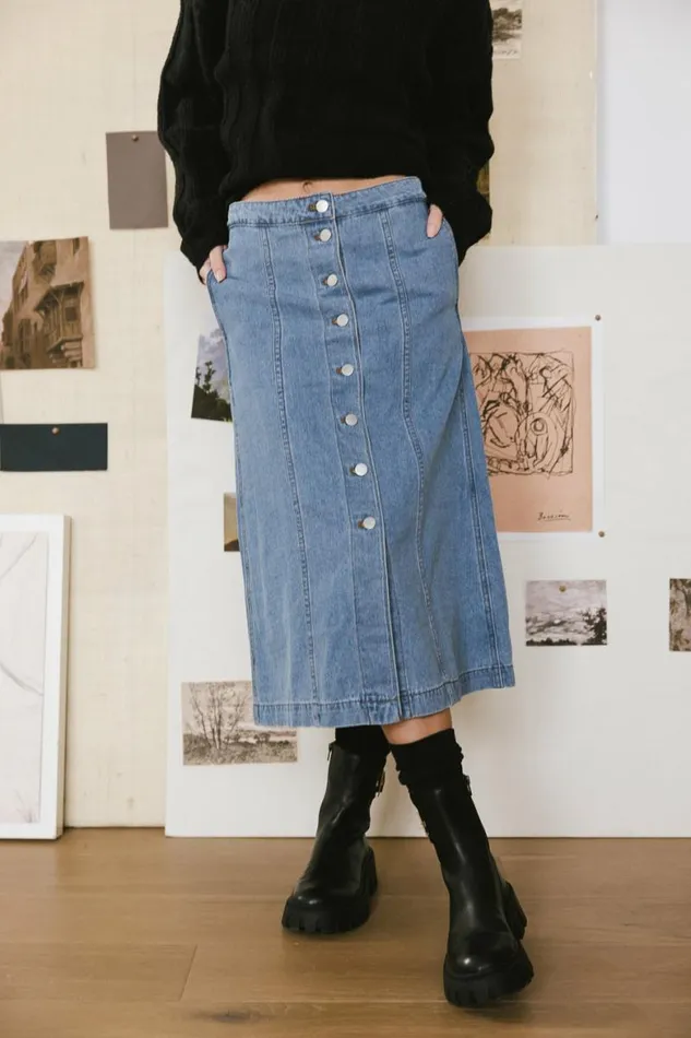 Kaylee Button Denim Skirt Medium Wash Women Bohme Skirts