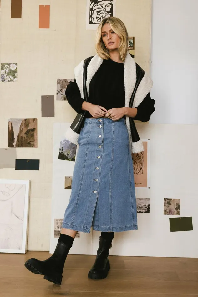 Kaylee Button Denim Skirt Medium Wash Women Bohme Skirts