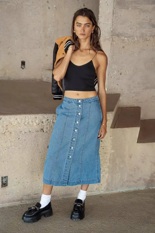 Kaylee Button Denim Skirt Medium Wash Women Bohme Skirts