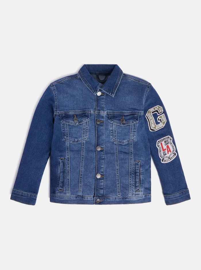 Kids Big Boy GUESS Eco Blue Wash Patches Logo Denim Jacket 716