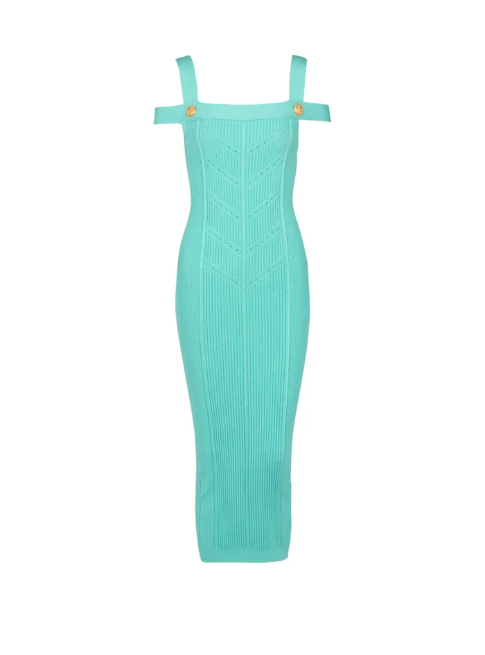 Knit Midi Dress With Double Straps Blue Women Balmain Dresses