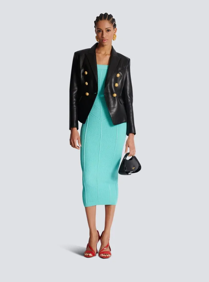 Knit Midi Dress With Double Straps Blue Women Balmain Dresses