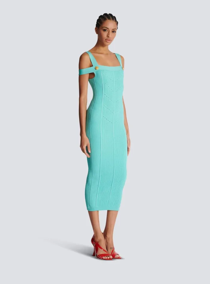 Knit Midi Dress With Double Straps Blue Women Balmain Dresses