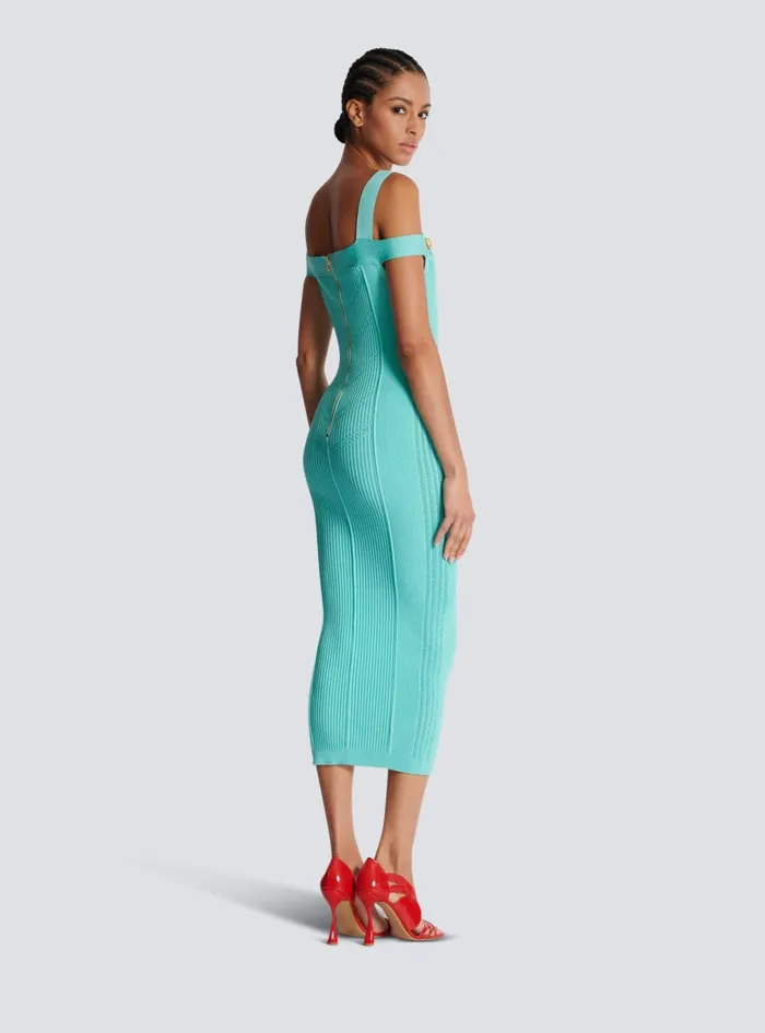 Knit Midi Dress With Double Straps Blue Women Balmain Dresses